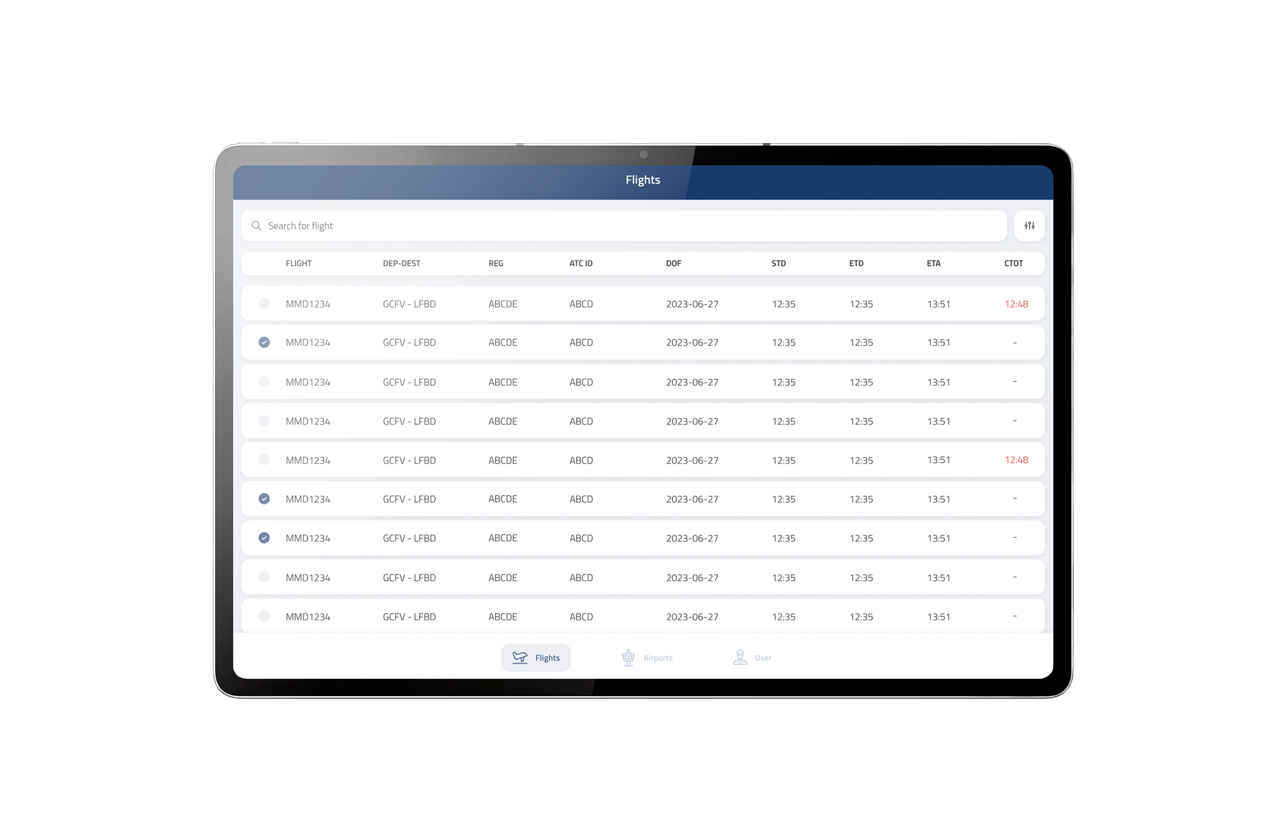 Tablet interface showing flight overview with key operational details for multiple flights, supporting efficient dispatch.