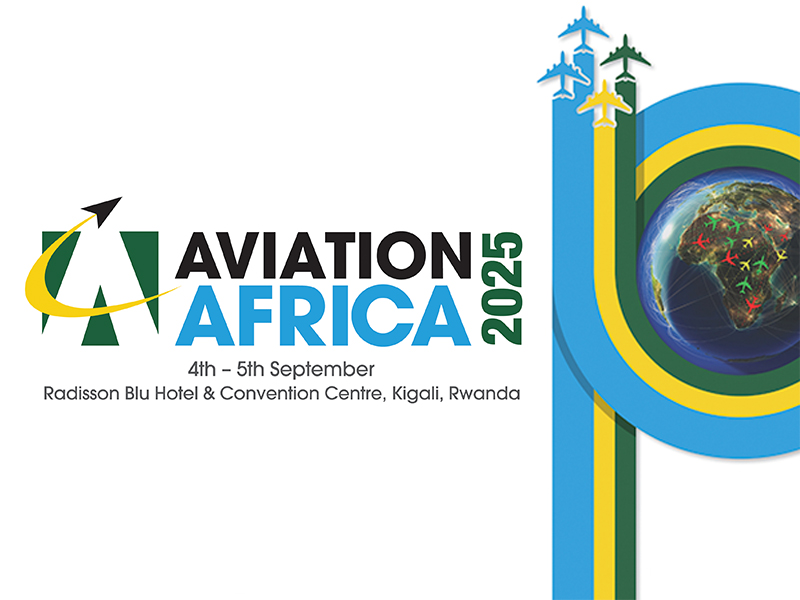Aviation Africa 2025 event banner showing globe and aircraft graphics, taking place 4–5 September in Kigali, Rwanda.