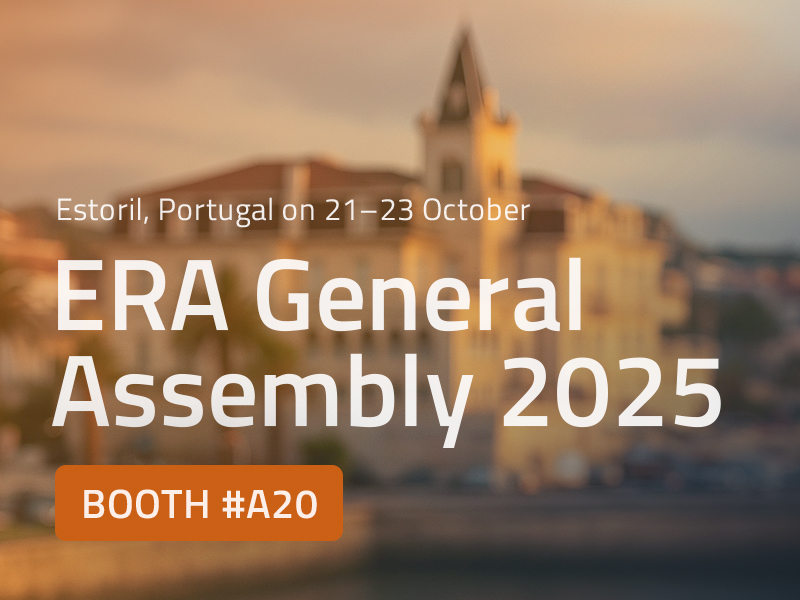 Banner showing ERA General Assembly 2025 in Estoril, Portugal on 21–23 October, with blurred sunset building and booth A20 label.