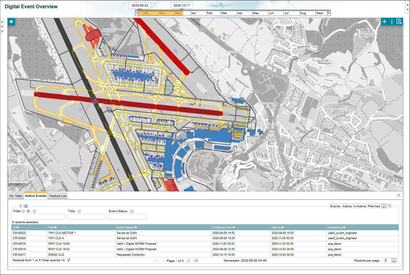 DigitalEventOverview Screenshot of a digital airport map interface showing active events, runway closures, and NOTAM data, with event list and status in a table below.
