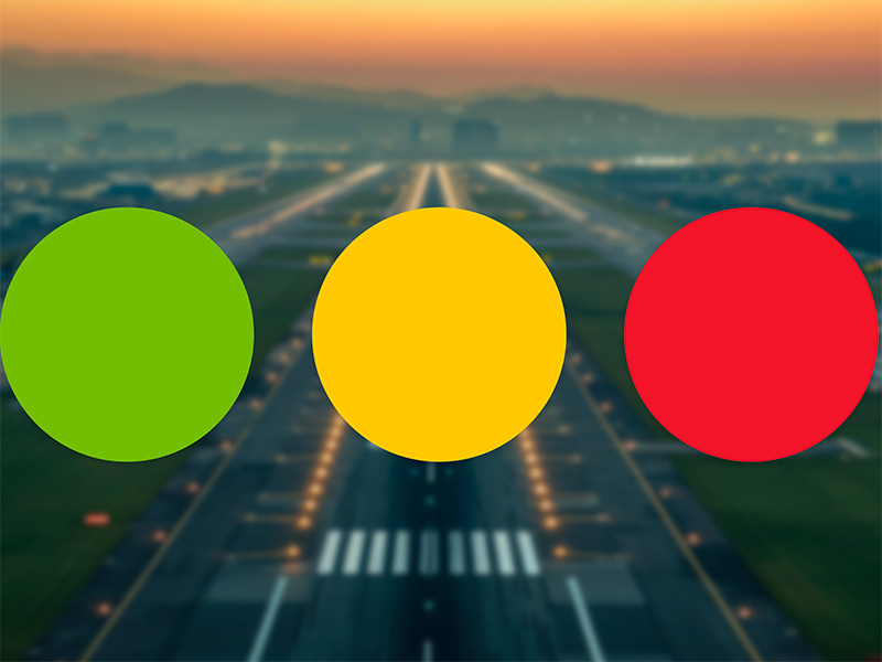 Runway at dusk with three large circles—green, yellow, and red—representing NOTAM status indicators for operational readiness or alerts.